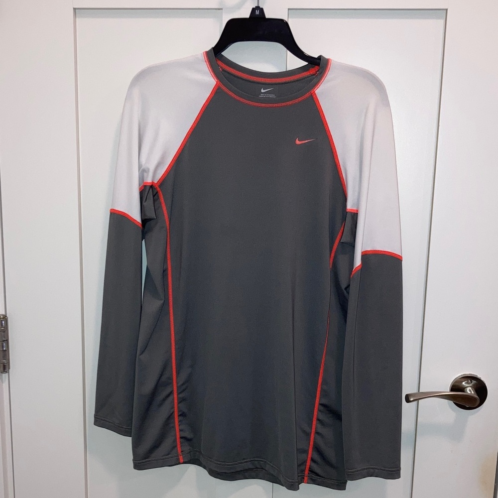 Nike Dark Gray and White Long Sleeve Top with Red Accents